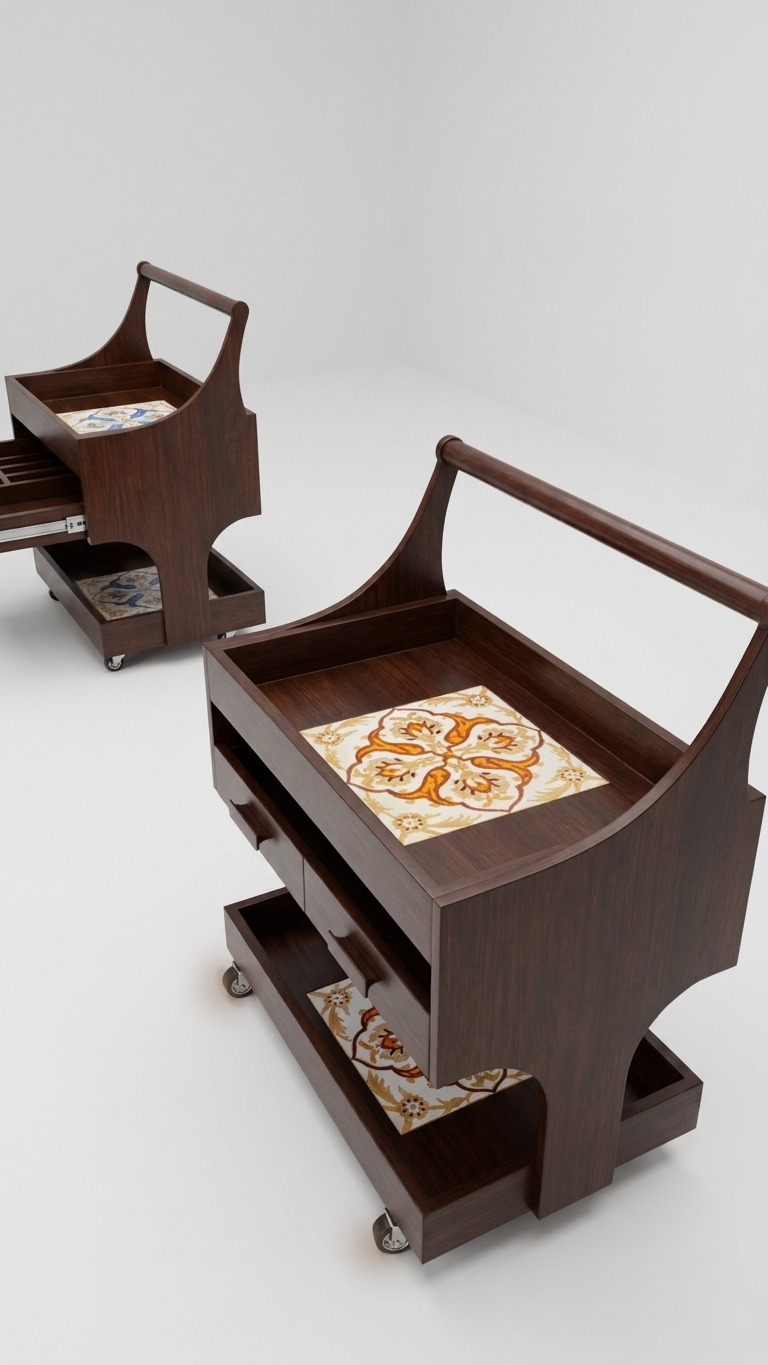 Handcrafted Solid Mango Wood Trolley | Bar Cart & Salon Rolling Cart with Drawers & Tile Top | India