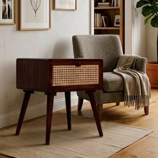 Walnut Rattan Solid Mango Wood Bedside End Table with Storage Drawer