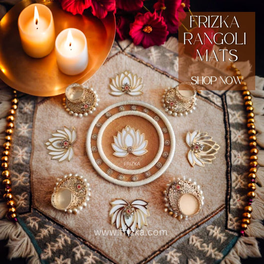 Frizka Handmade Indian White Color Lotus Rangoli Set, Velvet Rose Flower Brass Tealight Holder Set  (Multicolor, Pack of 9)