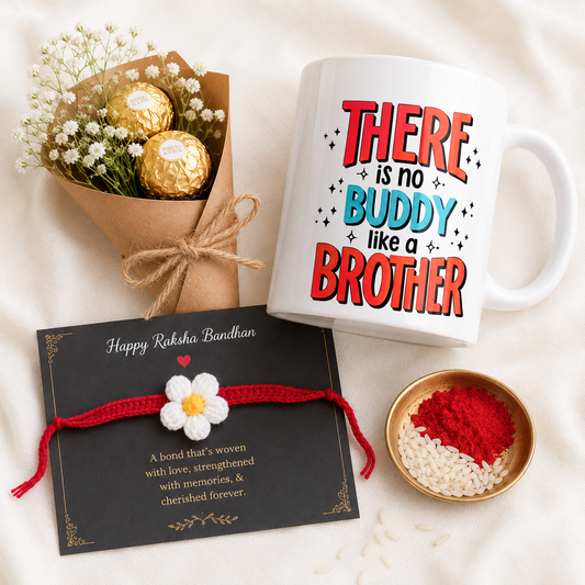 Curated Raksha Bandhan Gift Set of 5 | Handmade Crochet Rakhi, Chocolate Bouquet & Brother Quote Mug | Premium Rakhi Hamper