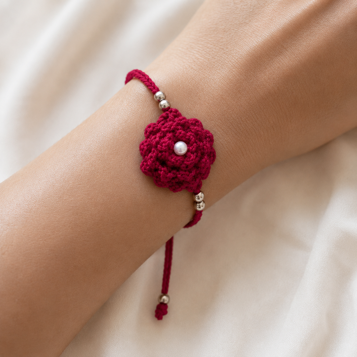 Set of 2 Handmade Crochet Flower Rakhi – Maroon & Beige