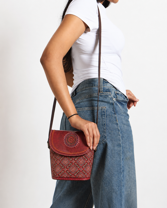 Handcrafted Ajrakh Print Leather Sling Bag for Women