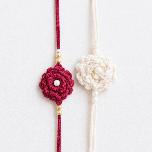Set of 2 Handmade Crochet Flower Rakhi – Maroon & Beige