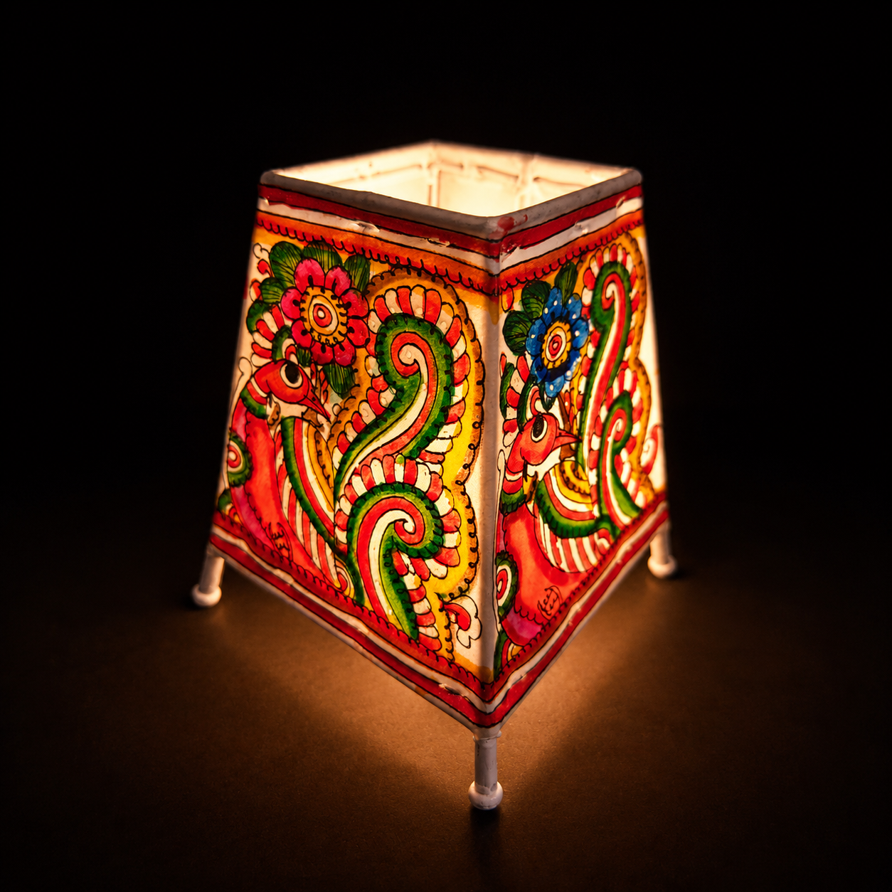Tholu Bommalata leather table lamp peacock design close-up detail