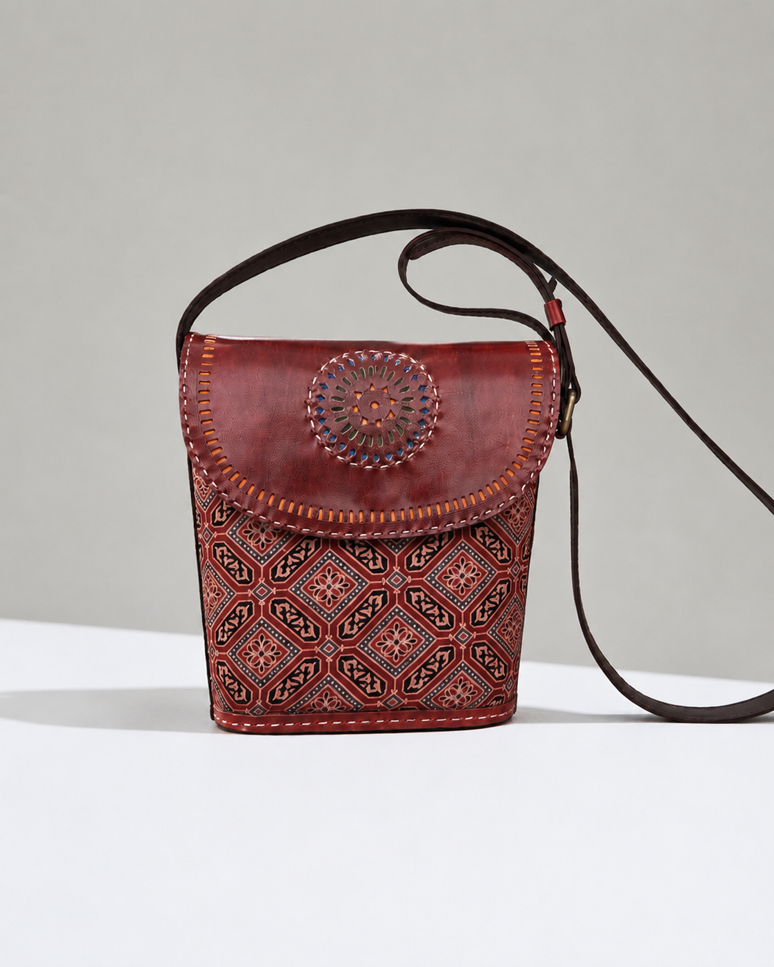 Handcrafted Ajrakh Print Leather Sling Bag for Women