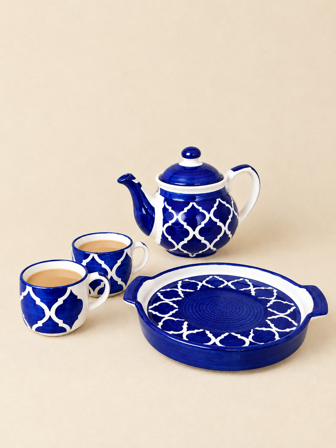 Ceramic Tea Pot Set with 2 Cups & Serving Tray