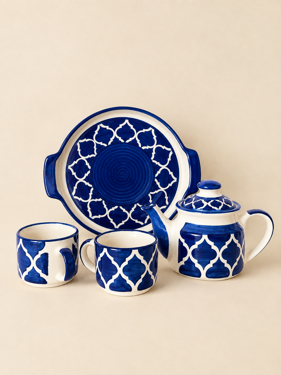 Ceramic Tea Pot Set with 2 Cups & Serving Tray