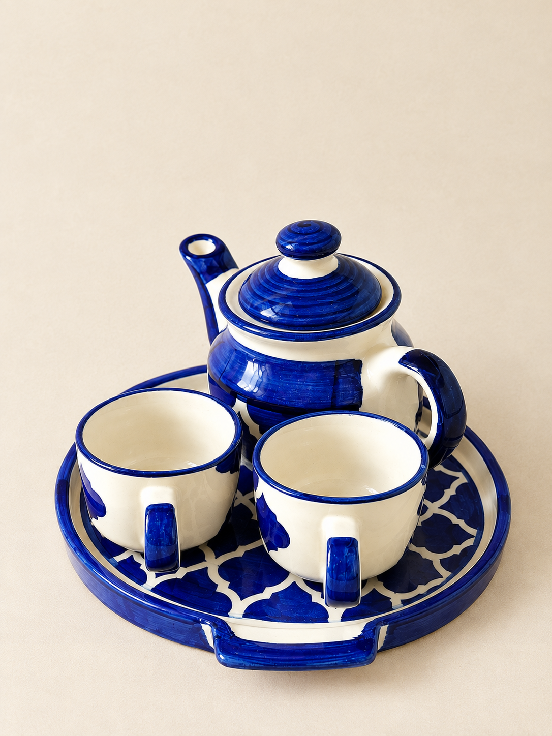 Ceramic Tea Pot Set with 2 Cups & Serving Tray