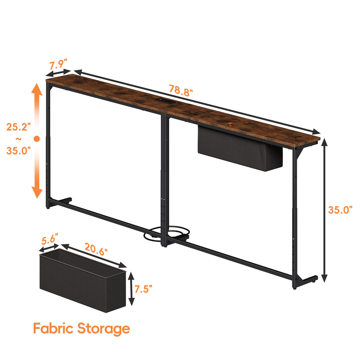 Adjustable Height Industrial Console Table with Wireless Charging & Storage