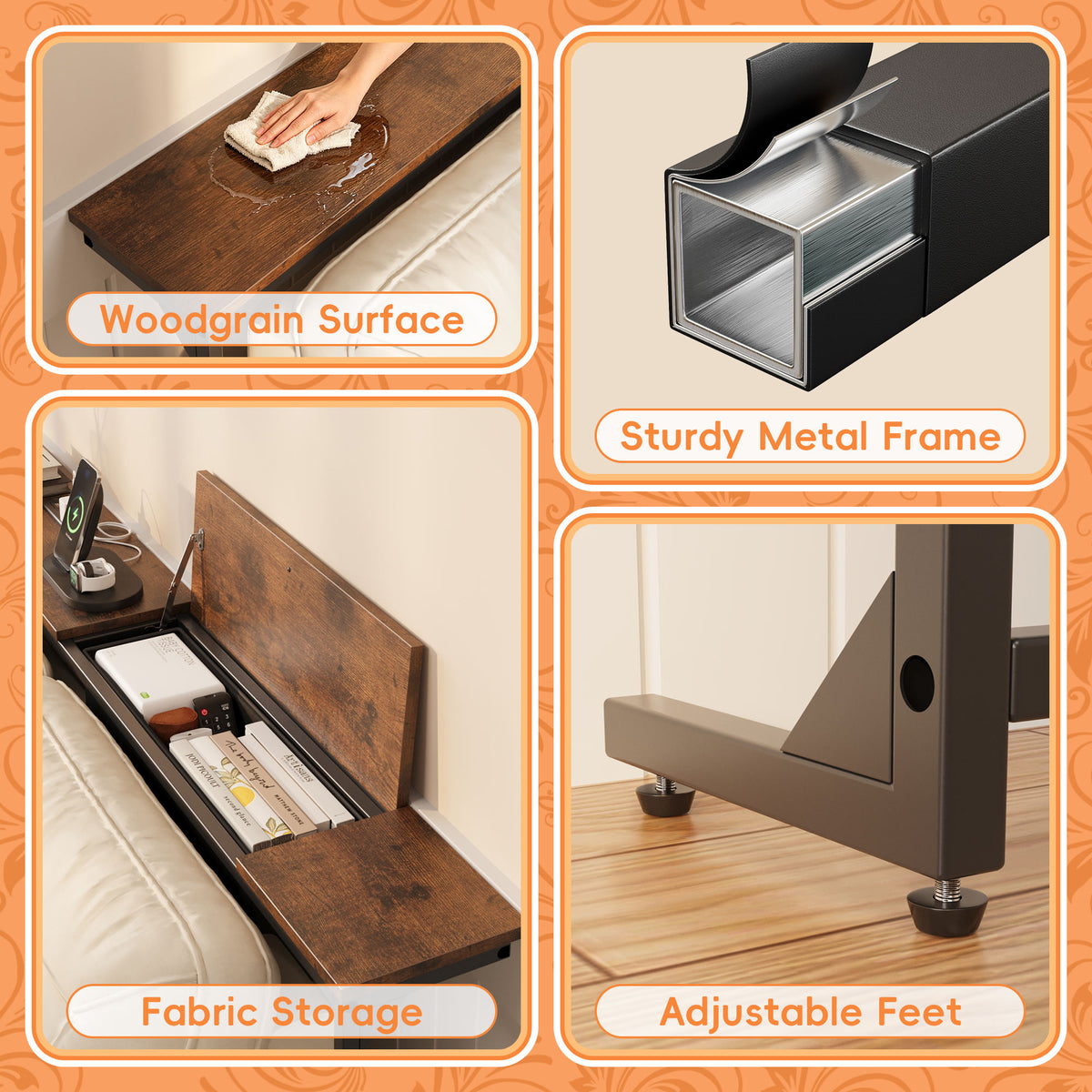 Adjustable Height Industrial Console Table with Wireless Charging & Storage