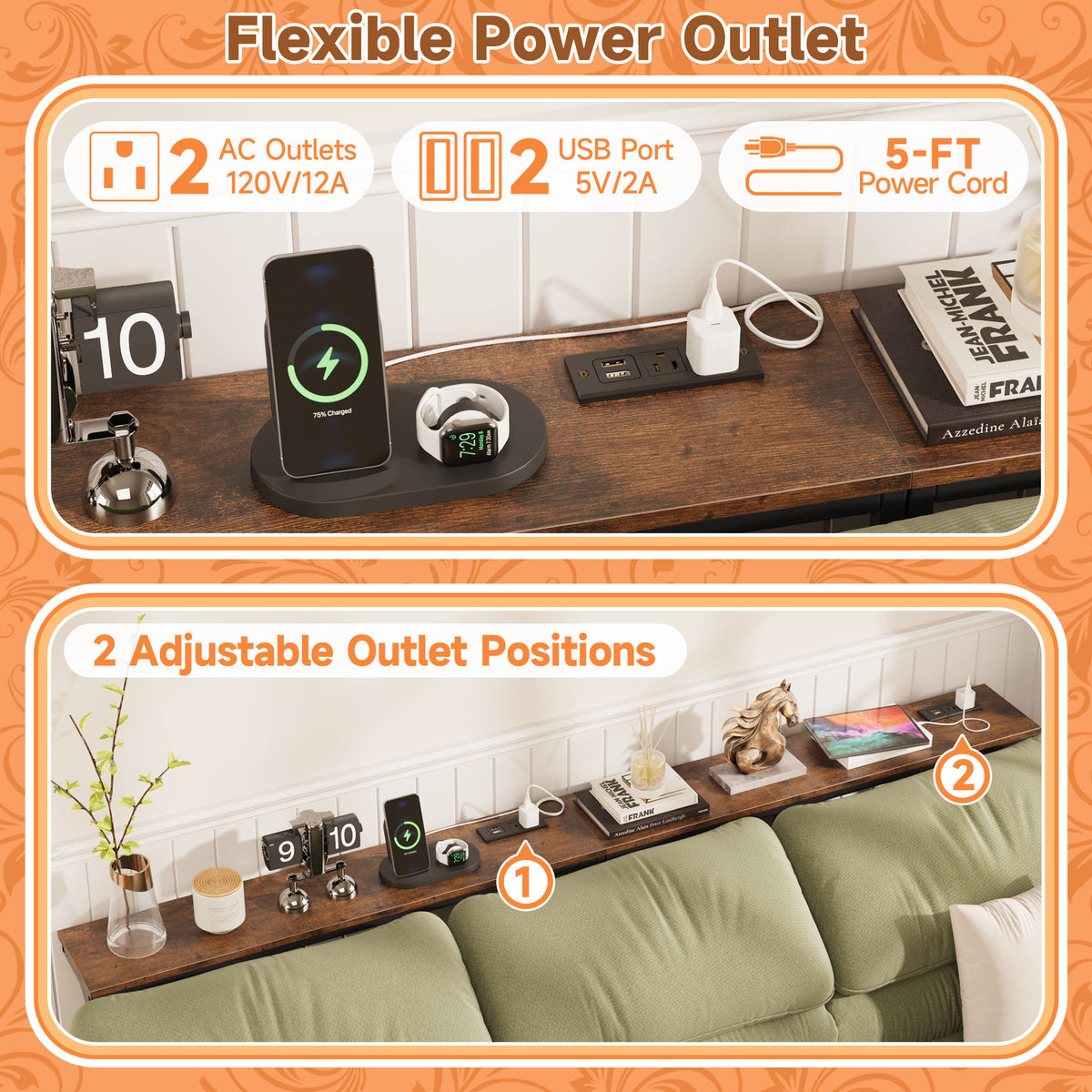 Adjustable Height Industrial Console Table with Wireless Charging & Storage