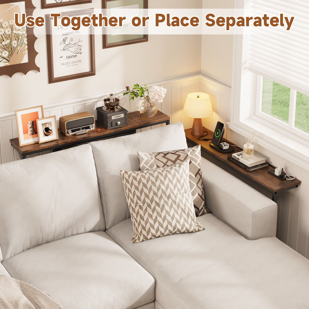 Adjustable Height Industrial Console Table with Wireless Charging & Storage