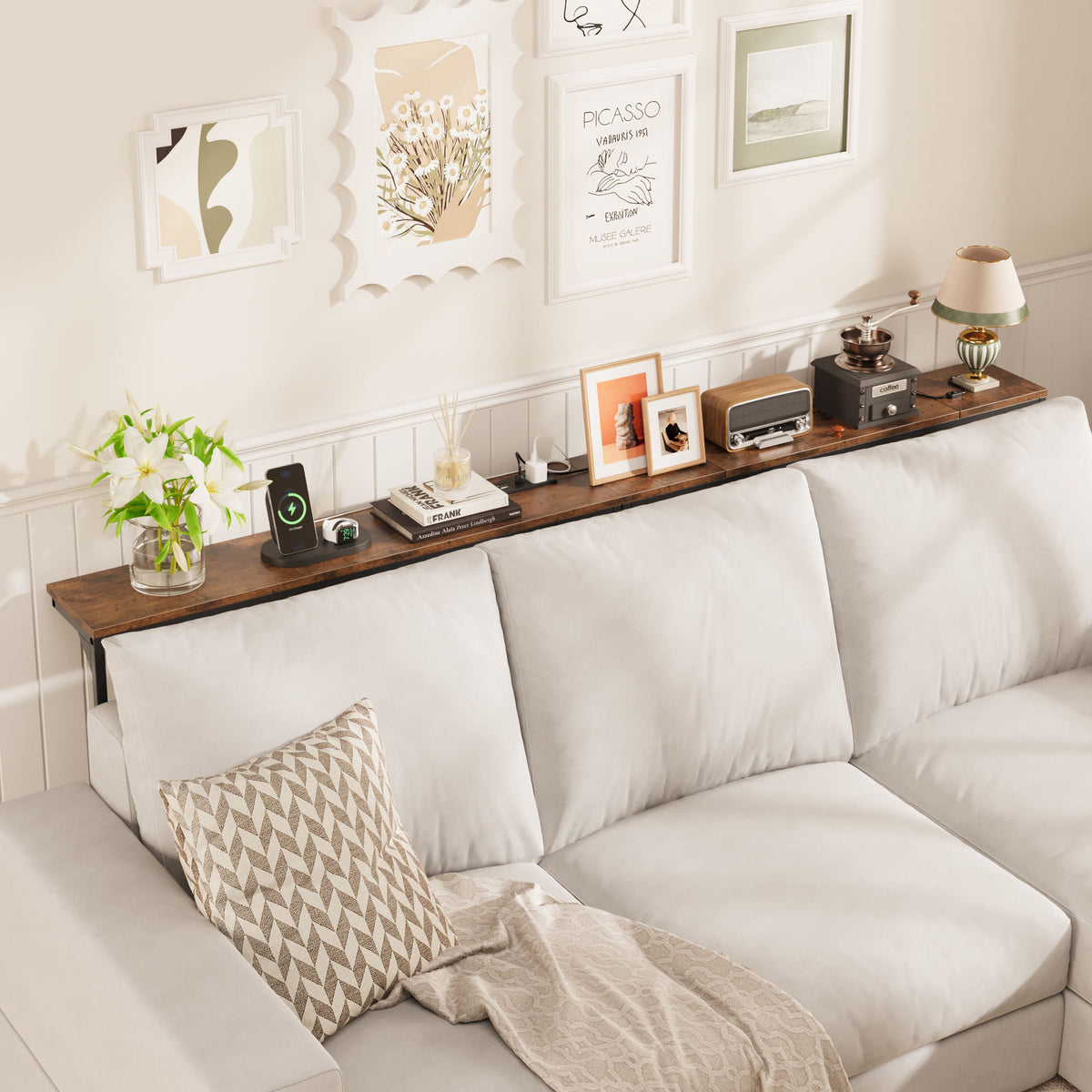 Adjustable Height Industrial Console Table with Wireless Charging & Storage