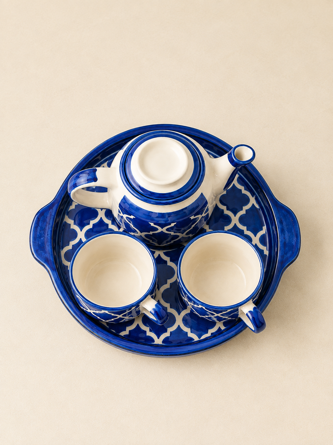 Ceramic Tea Pot Set with 2 Cups & Serving Tray