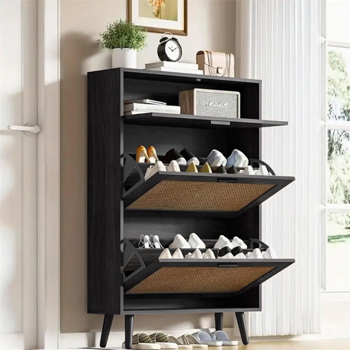 Rattan Shoe Organizer Cabinet Wooden Shoe Rack & Footwear Storage Cabinet