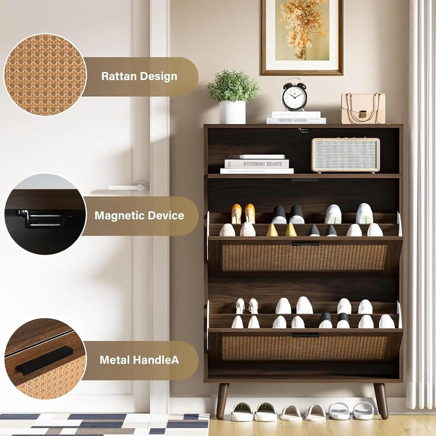 Rattan Shoe Organizer Cabinet Wooden Shoe Rack & Footwear Storage Cabinet