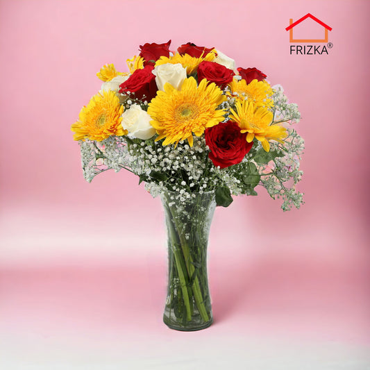 Frizka Vibrant Flowers with Transparent Vase