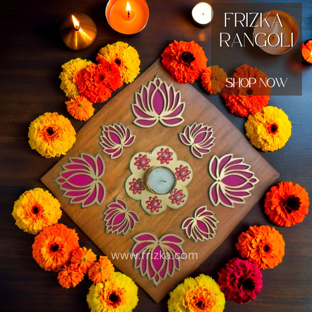 Frizka Handcrafted Wooden Lotus Rangoli Set with Tea Light - Set of 8 - Home Decor, Diwali Decoration, Festival Decoration, Gift