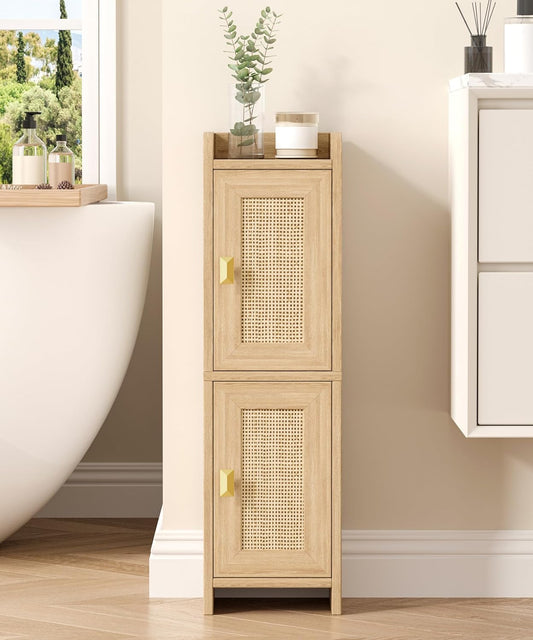 Rattan Small Bathroom Storage Cabinet – Slim Boho Organiser | Frizka India