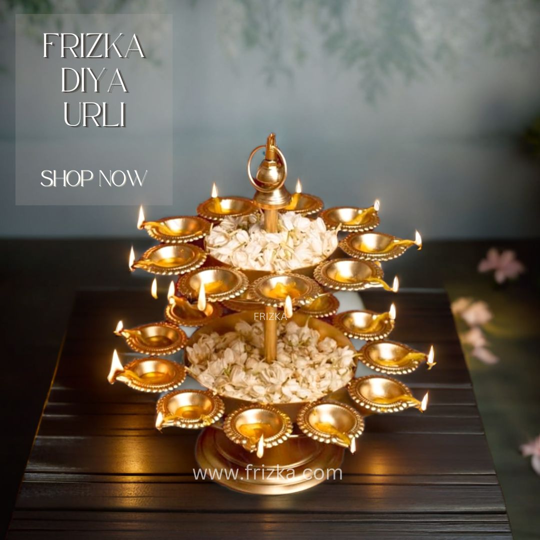 Frizka 2 Layer Urli Bowl for Home Decoration, Idol for Floating diyas, tealight Candles and Flowers, Home, Office and Table Décor, Diwali Decoration Items (Golden, 2 Layer)- 1 Piece