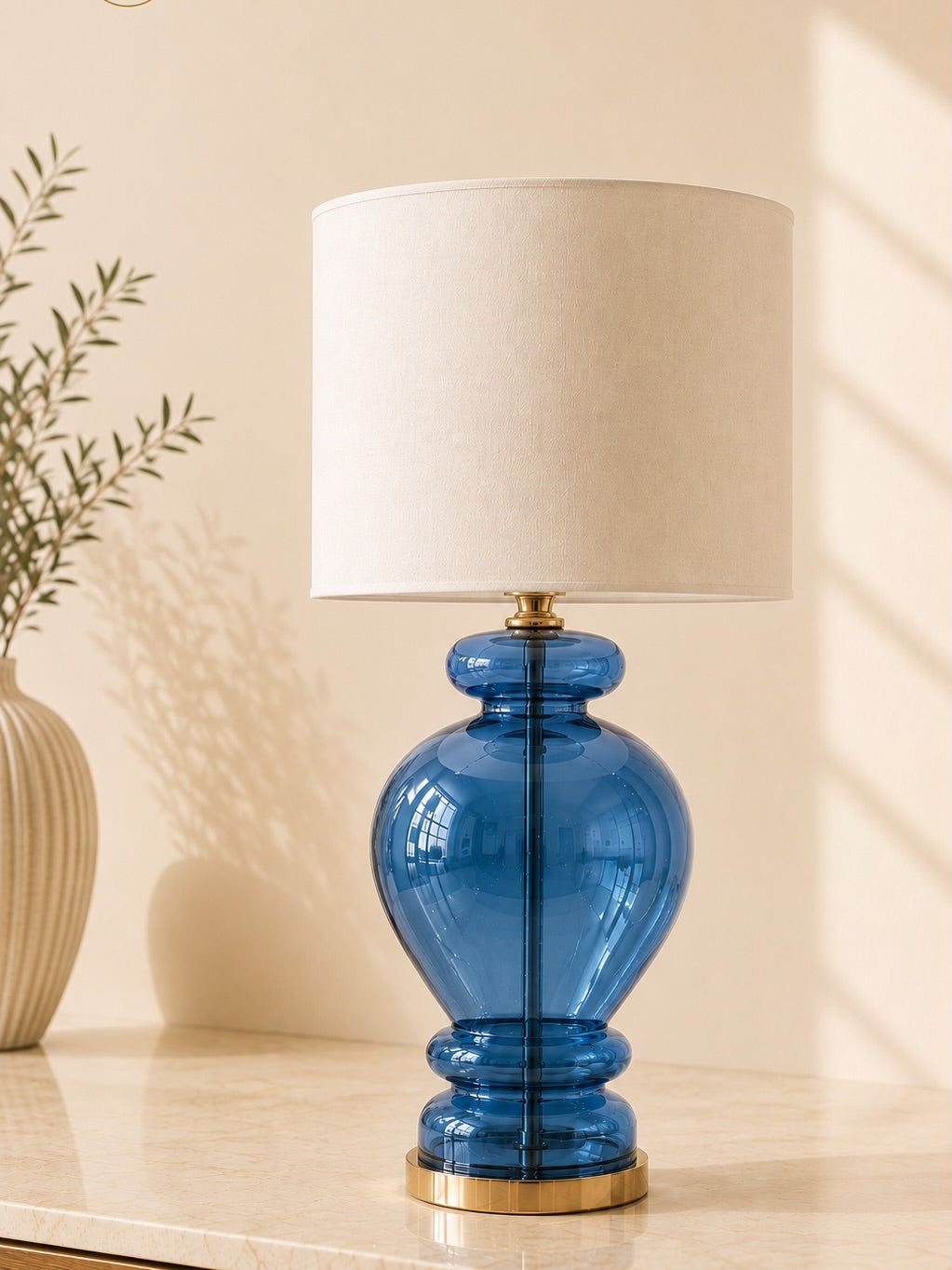 Glass Table Lamp with Fabric Shade | Modern Bedside Lamp