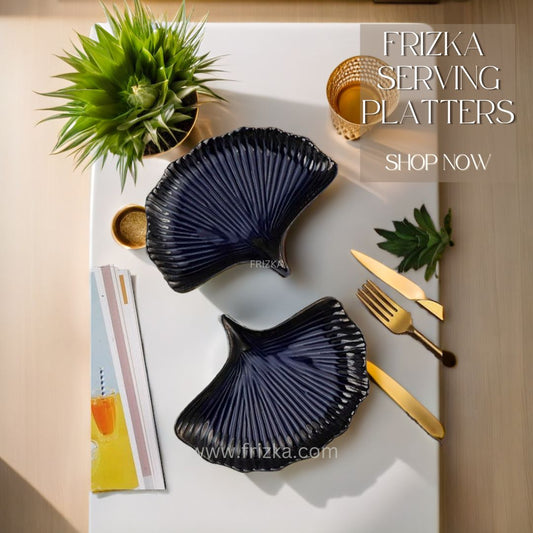 Frizka Peacock Exotic Glazed Leaf Ceramic Serving Platters for Snacks Serving Platters & Serveware 1 Piece , Microwave Safe, Dishwasher Safe) (Blue)