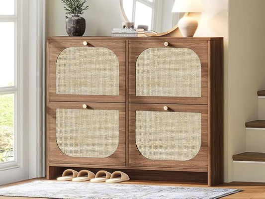 Arched Rattan Entryway Cabinet with Pull-Out Drawers and 3-Tier Adjustable Shoe Rack for Hallway and Foyer