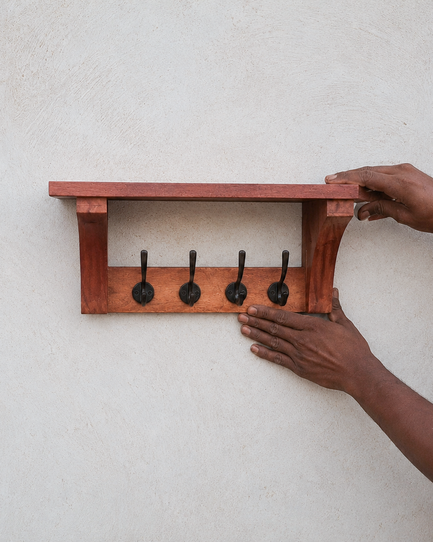 Solid Mango Wood Wall Mounted Shelf with 4 Metal Hooks