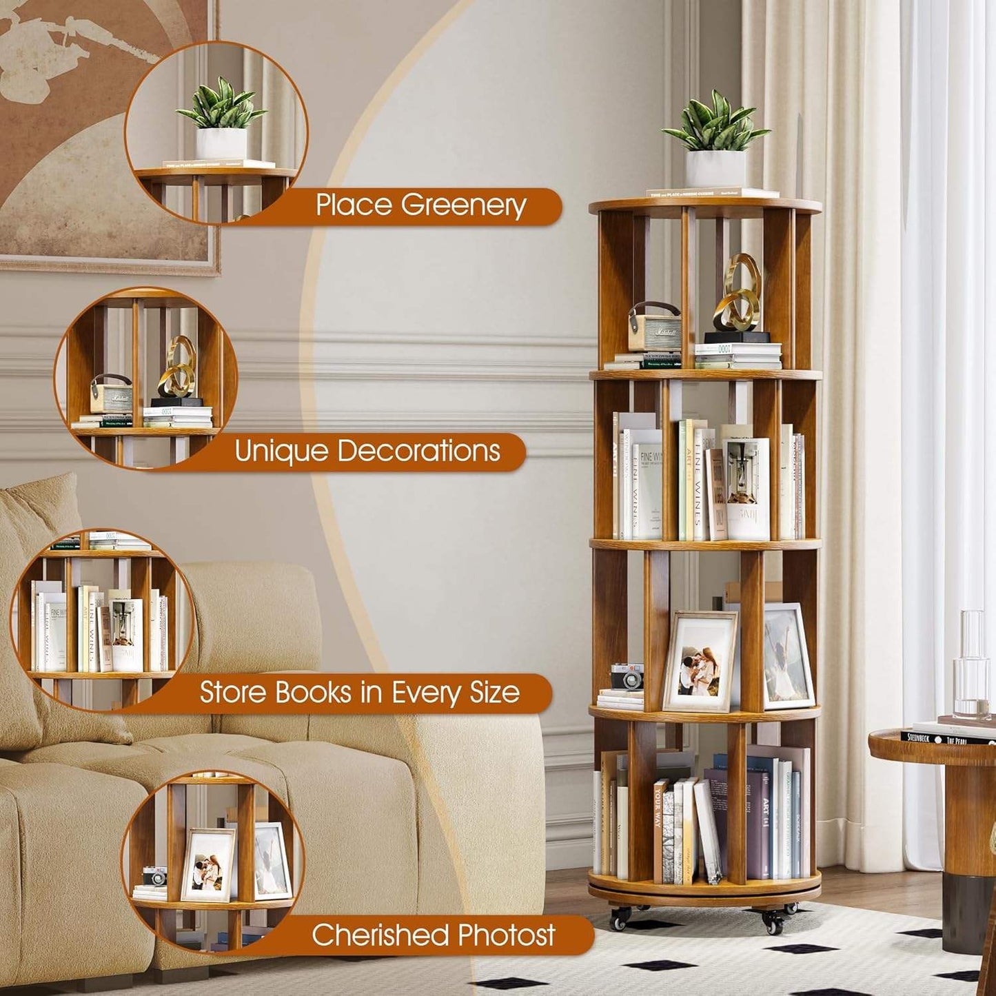 Living Room 360° Rotating Bookshelf Tower with Lockable Wheels