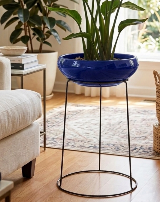 Royal Blue Ceramic Bowl Planters with Black Metal Stand – Set of 2 | Frizka India