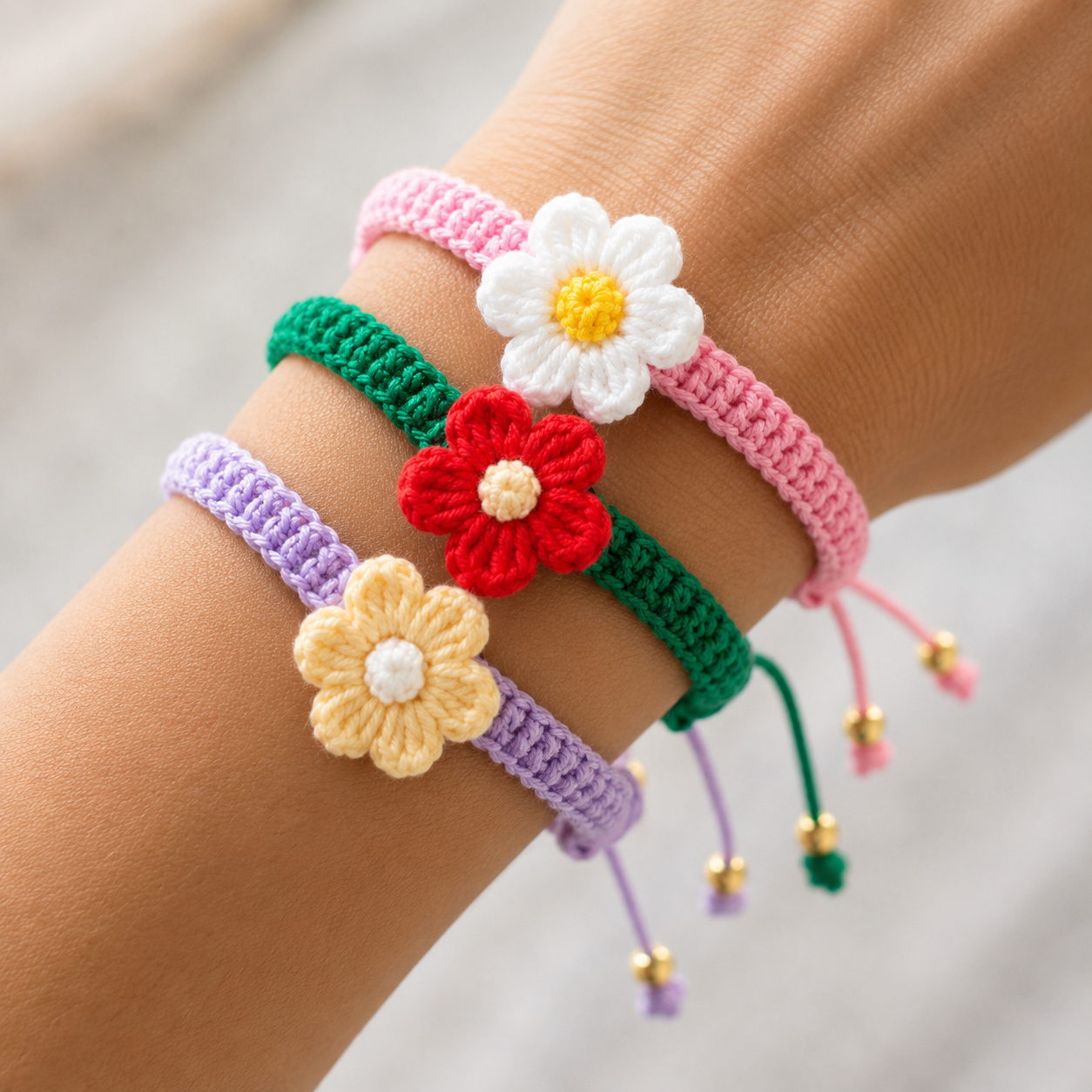 Handmade Crochet Rakhi Set – 5 Colorful Daisy Thread Rakhis