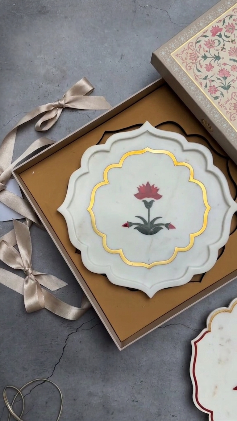 Noor Platter | Lotus Marble Inlay Decorative Plate in a Gift Box