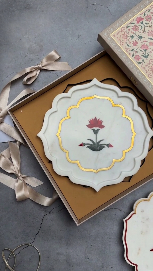 Noor Platter – Lotus Marble Inlay Decorative Plate by Frizka, front view