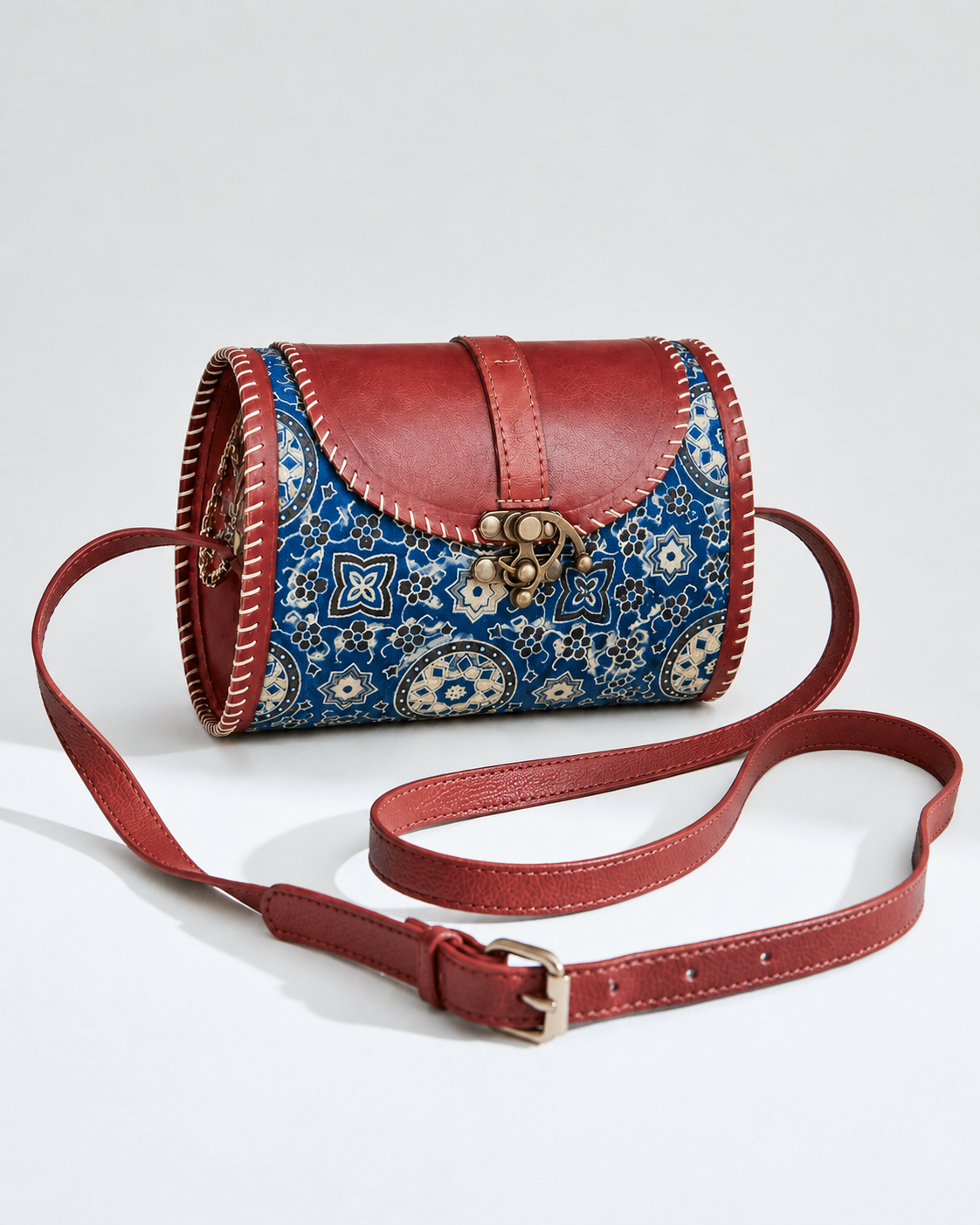 Handcrafted Blue Ajrakh Print Leather Sling Bag