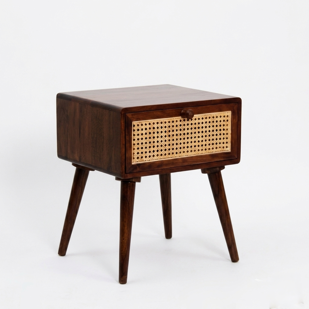 Walnut Rattan Solid Mango Wood Bedside End Table with Storage Drawer