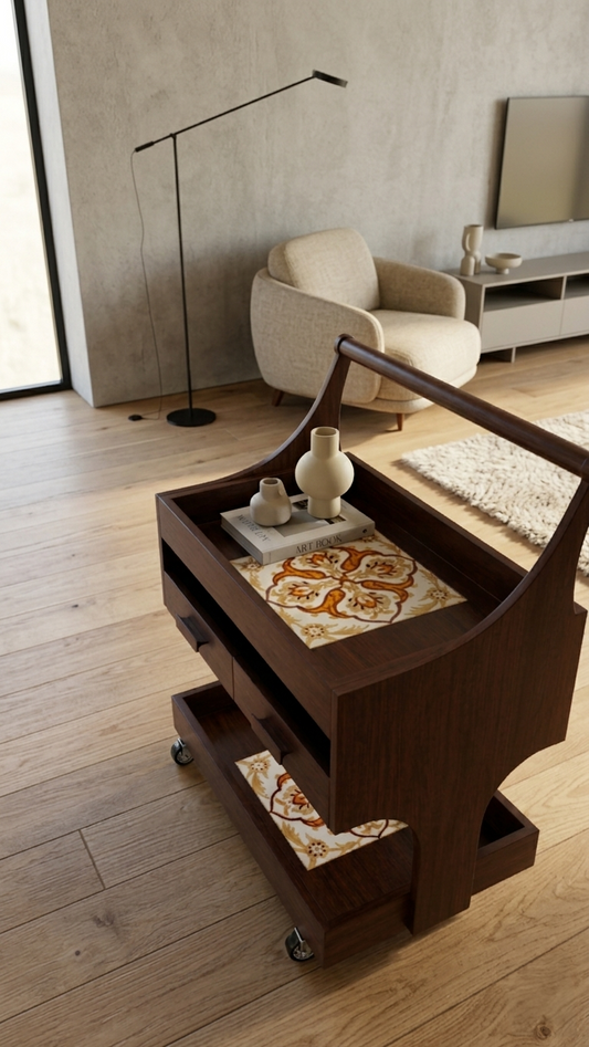 Handcrafted Solid Mango Wood Trolley | Bar Cart & Salon Rolling Cart with Drawers & Tile Top | India
