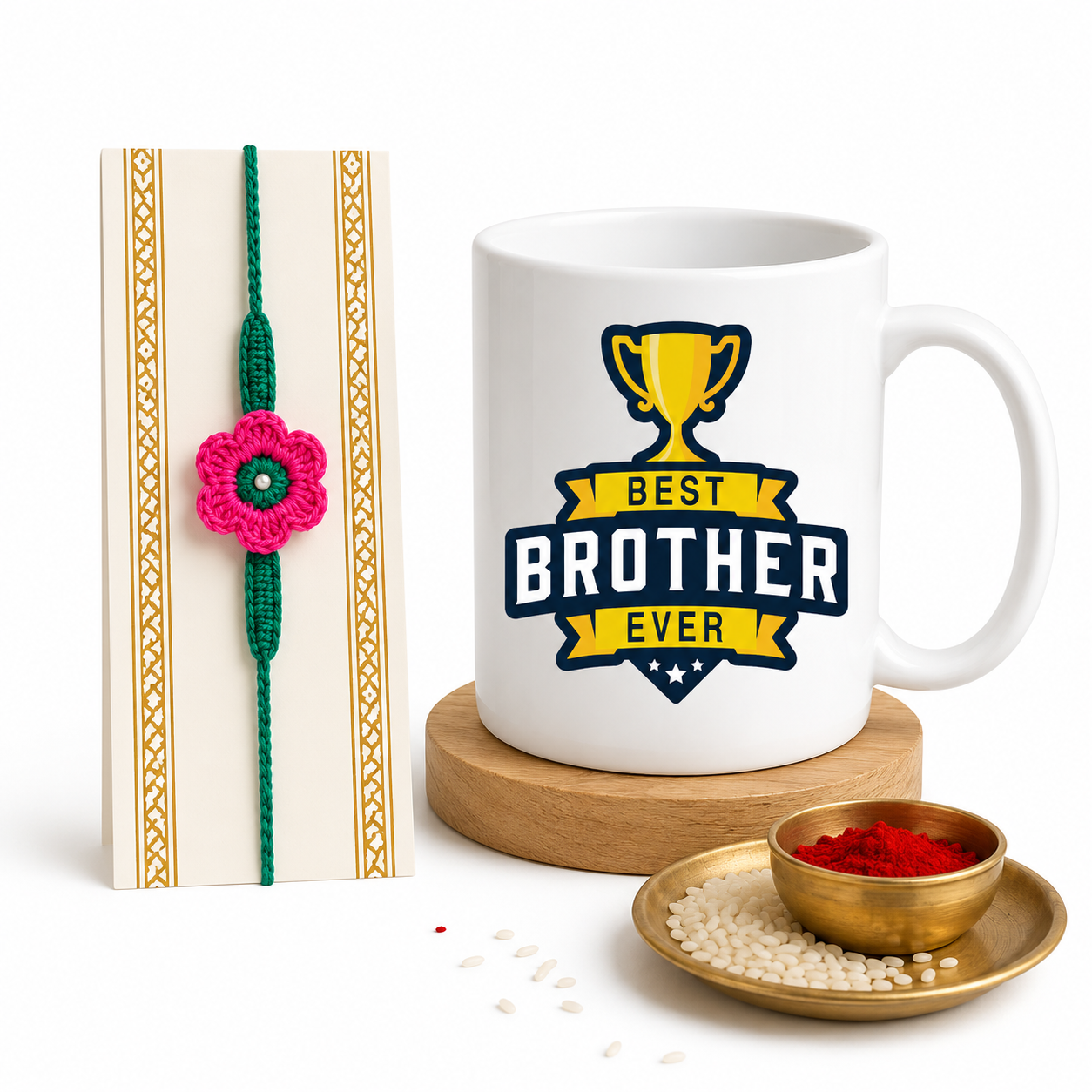 Handmade Crochet Flower Rakhi with Best Brother Trophy Mug Gift Set | Raksha Bandhan Gift for Brother