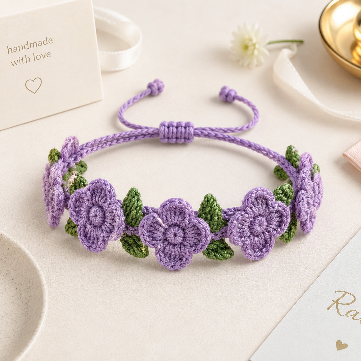 Handmade Crochet Lavender Flower Bracelet
