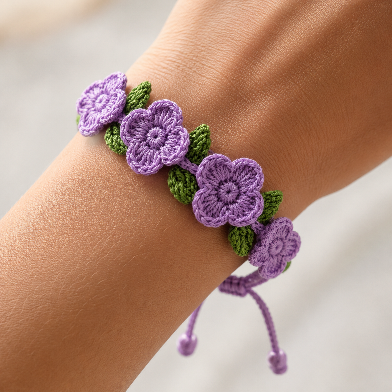 Handmade Crochet Lavender Flower Bracelet