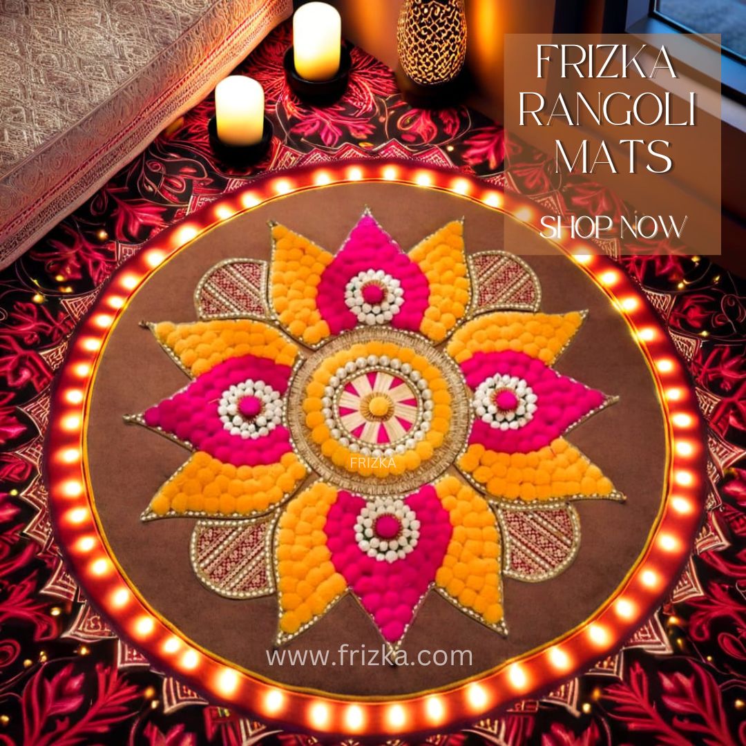 Frizka Indian Floral Rangoli Set, Gota Patti & Pom Pom, Navratri Pooja Table Decor, Indie Room Decor, Wedding Event Diwali Decoration, Kolam Mats