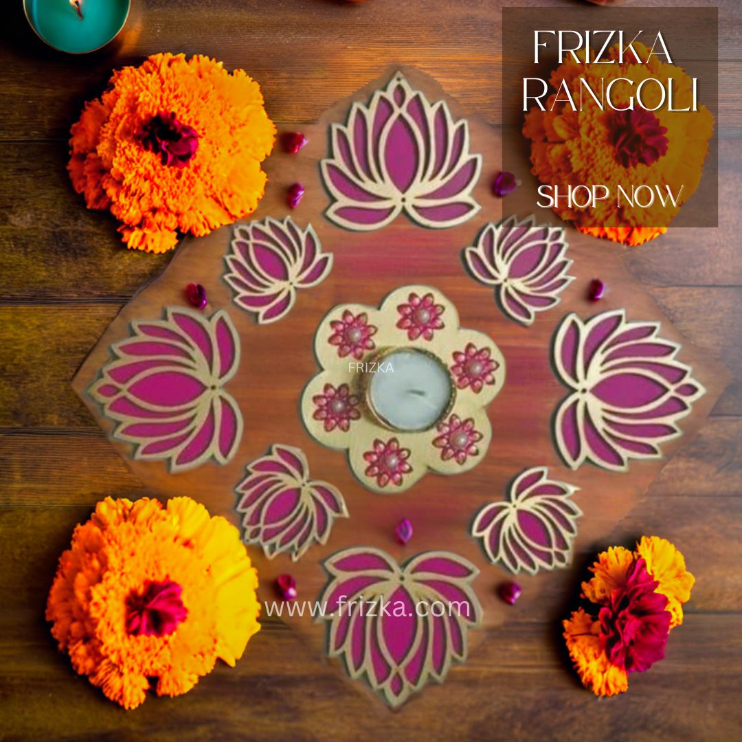 Frizka Handcrafted Wooden Lotus Rangoli Set with Tea Light - Set of 8 - Home Decor, Diwali Decoration, Festival Decoration, Gift