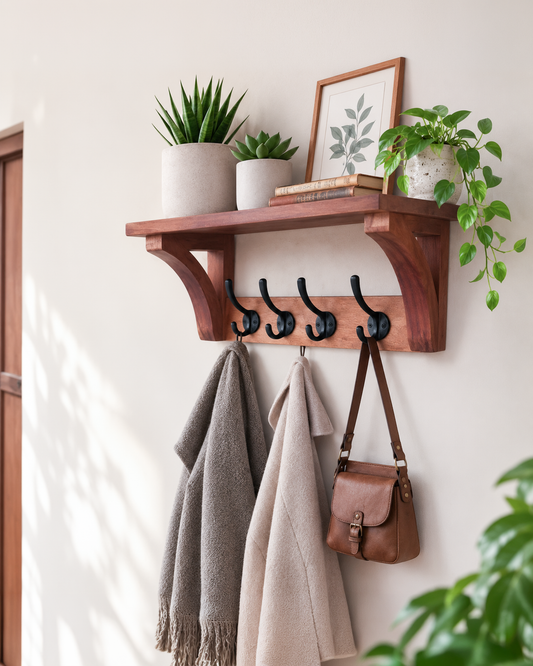 Solid Mango Wood Wall Mounted Shelf with 4 Metal Hooks
