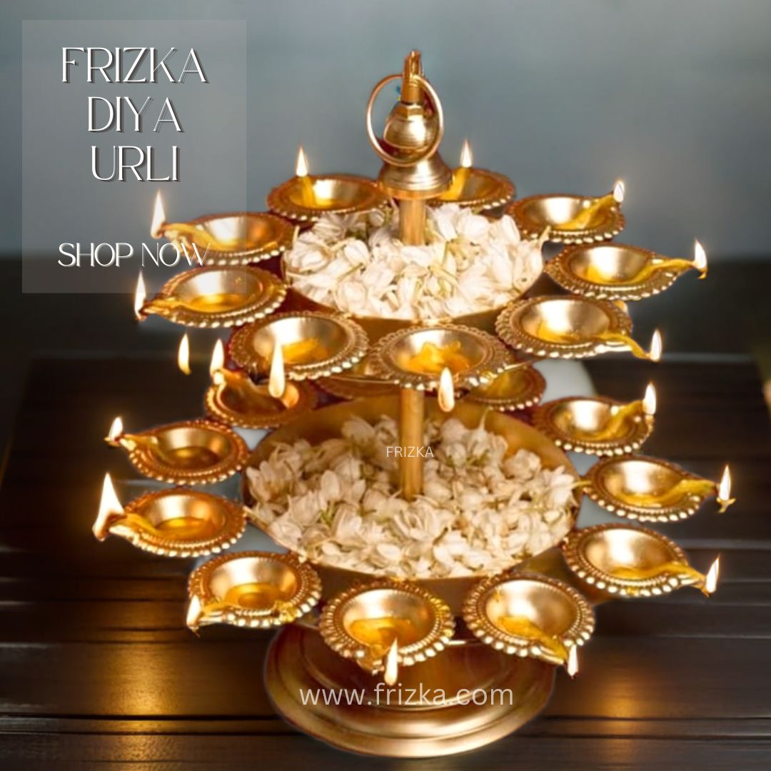 Frizka 2 Layer Urli Bowl for Home Decoration, Idol for Floating diyas, tealight Candles and Flowers, Home, Office and Table Décor, Diwali Decoration Items (Golden, 2 Layer)- 1 Piece