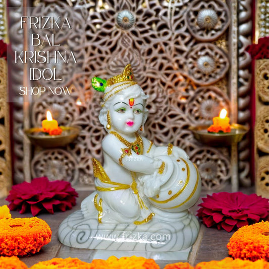 Bal Krishna Idol Handmade Lord Jai Shree Krishna Sitting Marble Polish Decorative Showpiece for Home Decor/Temple