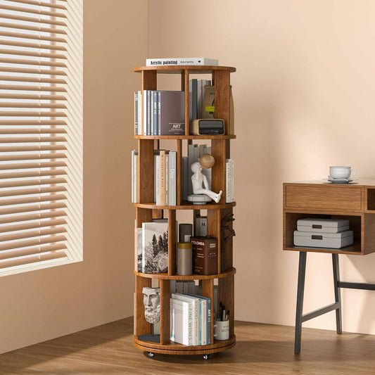 Living Room 360° Rotating Bookshelf Tower with Lockable Wheels
