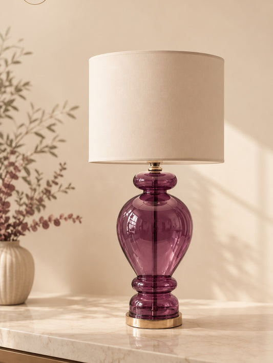 Glass Table Lamp with Fabric Shade – Modern Bedside Night Light