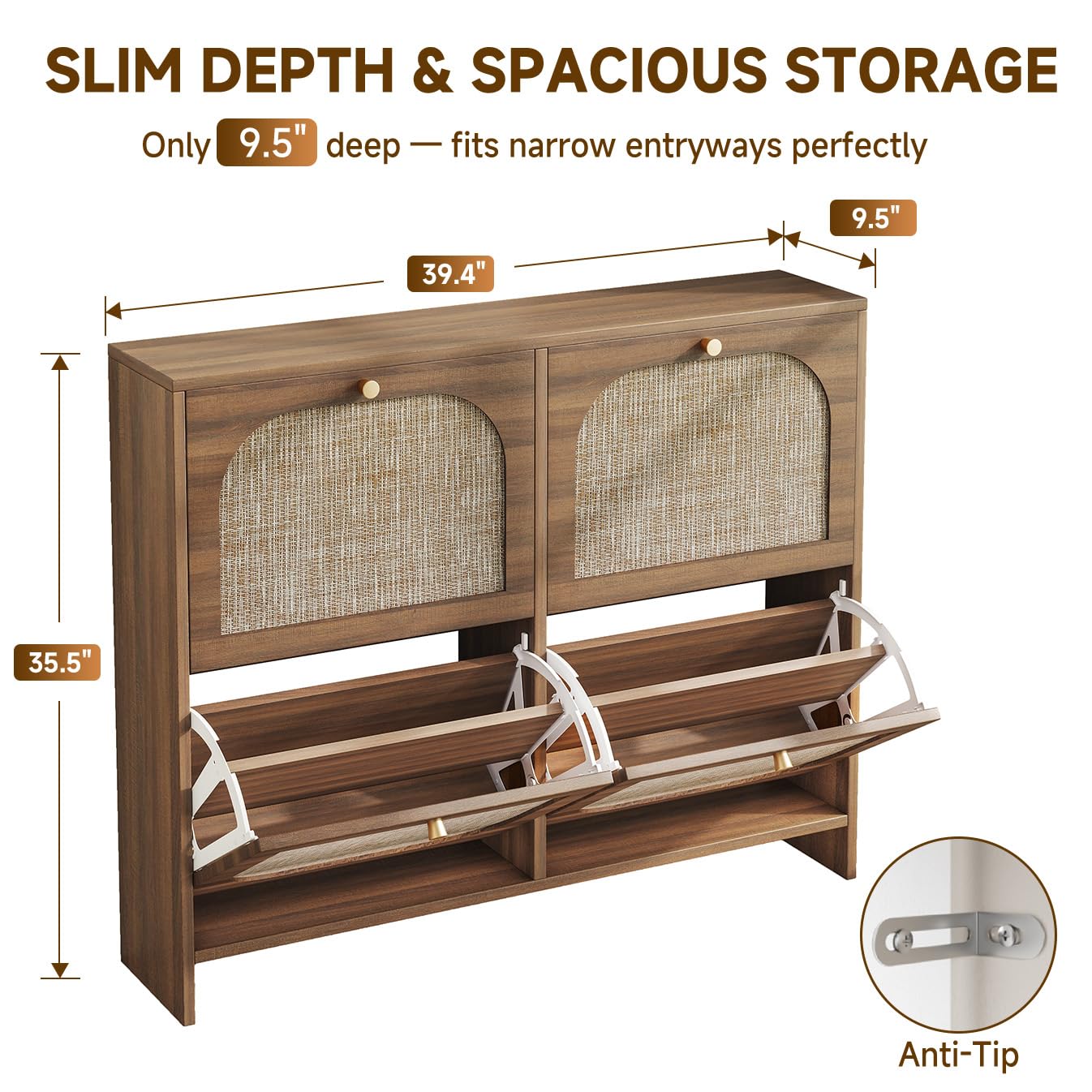 Arched Rattan Entryway Cabinet with Pull-Out Drawers and 3-Tier Adjustable Shoe Rack for Hallway and Foyer