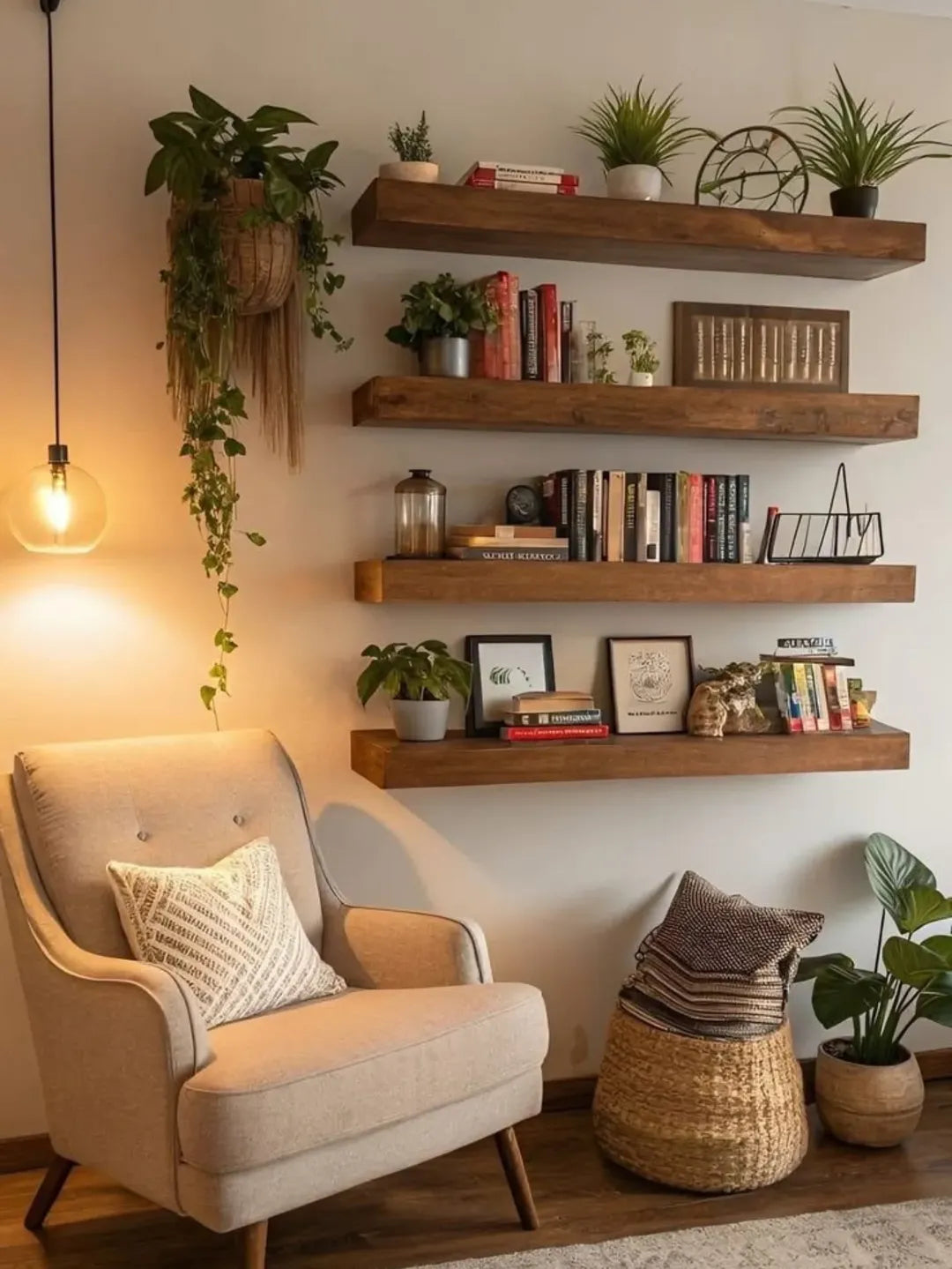 Rustic Floating Shelf Set of 4 (48-inch) with 3 Large Woven Floor Baskets | Boho Wall Storage India