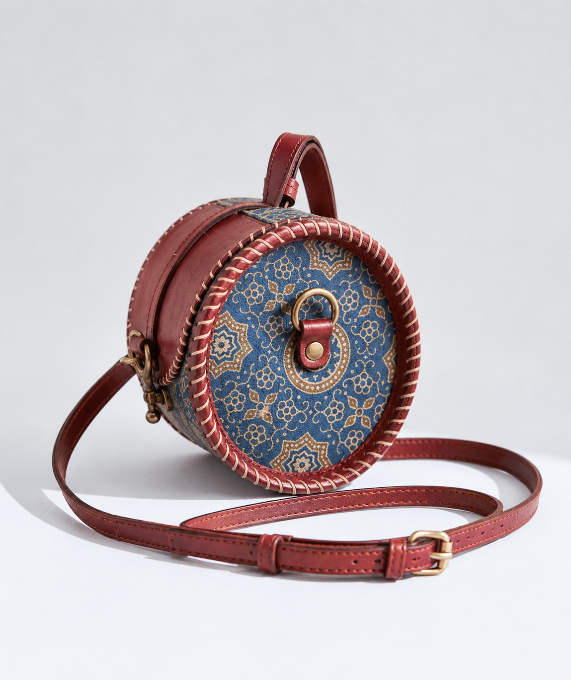 Handcrafted Blue Ajrakh Print Leather Sling Bag