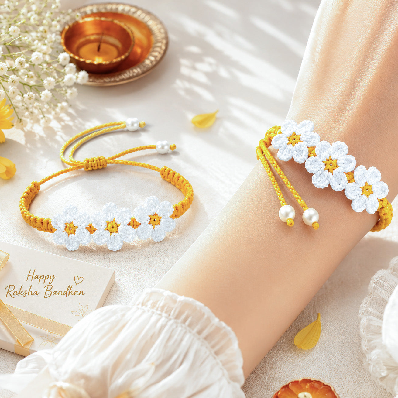 Handmade Crochet Rakhi with White Daisy Flowers